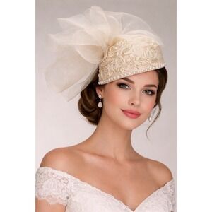 Vintage Ivory Pearl Beaded‎ Fascinator Hat Tulle Bow Bridal Wedding Tea
